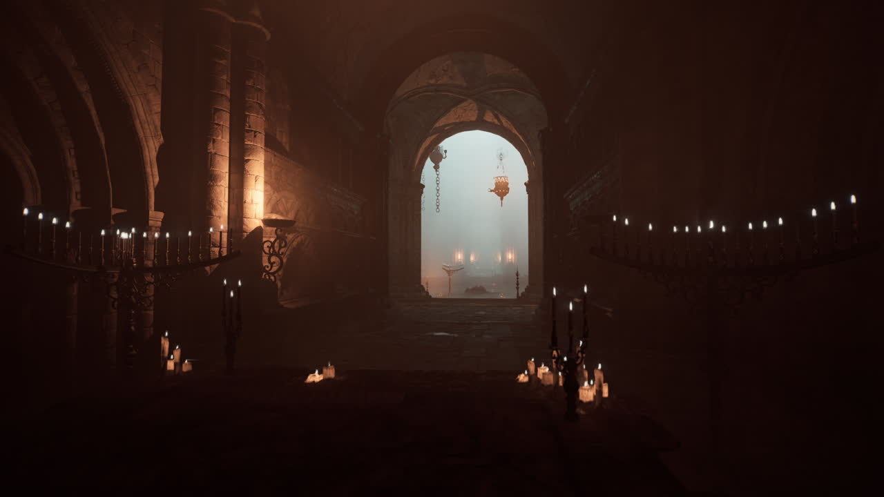 그리고 불이 있는 어두운 안개가 가득한 복도.