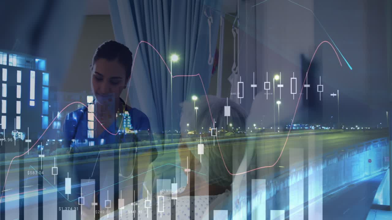 Animation of data processing over biracial female doctor talking with patient
