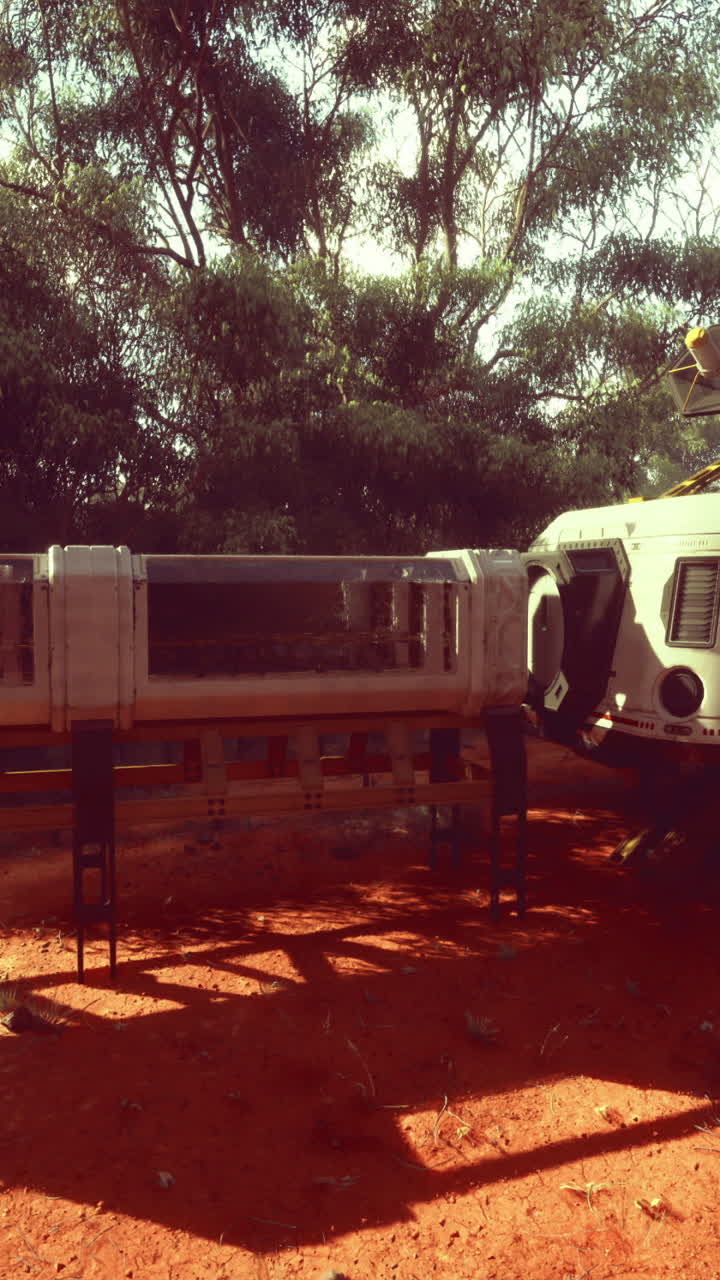 Rustic settlement with futuristic structure in a dense forest during daylight