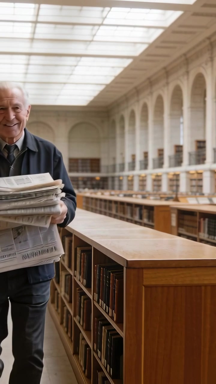 Verticale video: Komt van links binnen, oudere persoon loopt in jas met papieren en tas in bibliotheek, vrije ruimte