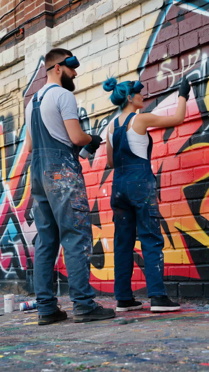 Due Artisti che Realizzano Graffiti Vivaci con Spray su un Muro di Mattoni