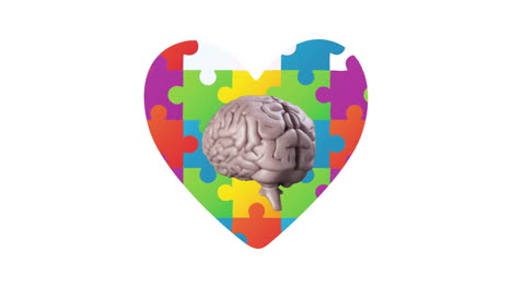 animación de corazón hecha de rompecabezas coloridos y cerebro girando sobre fondo blanco