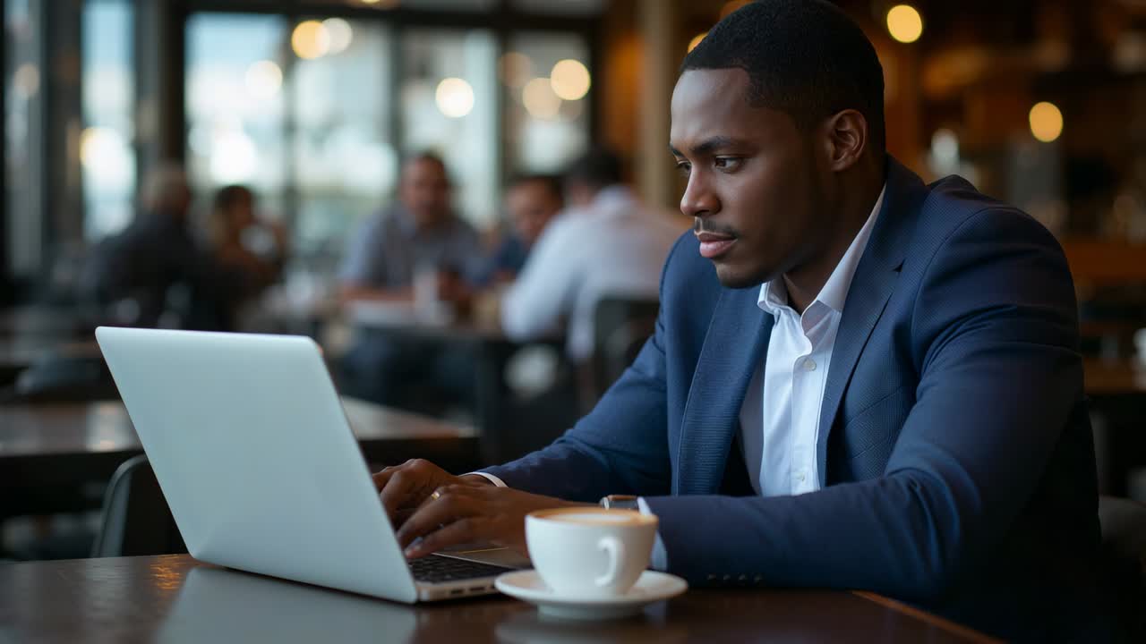 Starting to type, man in navy blazer working on laptop at cafe with coffee, copy space