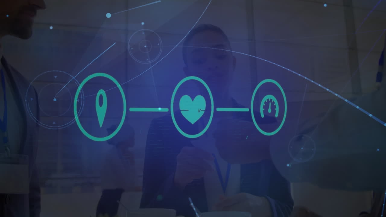 animación de personas de negocios, iconos y red de conexiones