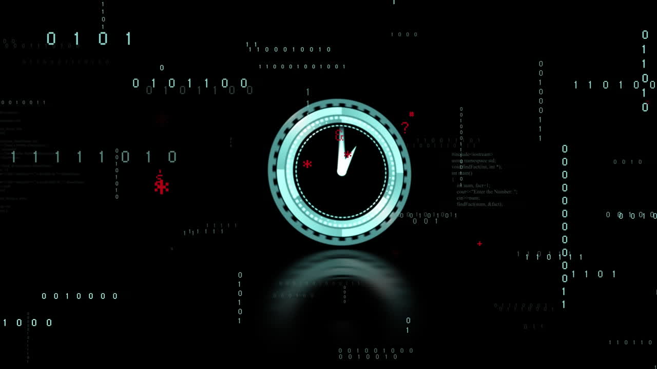 Animation of data processing and clock ticking over dark background