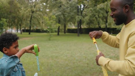 joyous african american father and son blowing soap bubbles in park