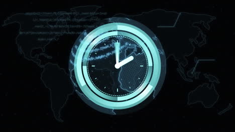 animation of clock moving fast over globe and network of connections