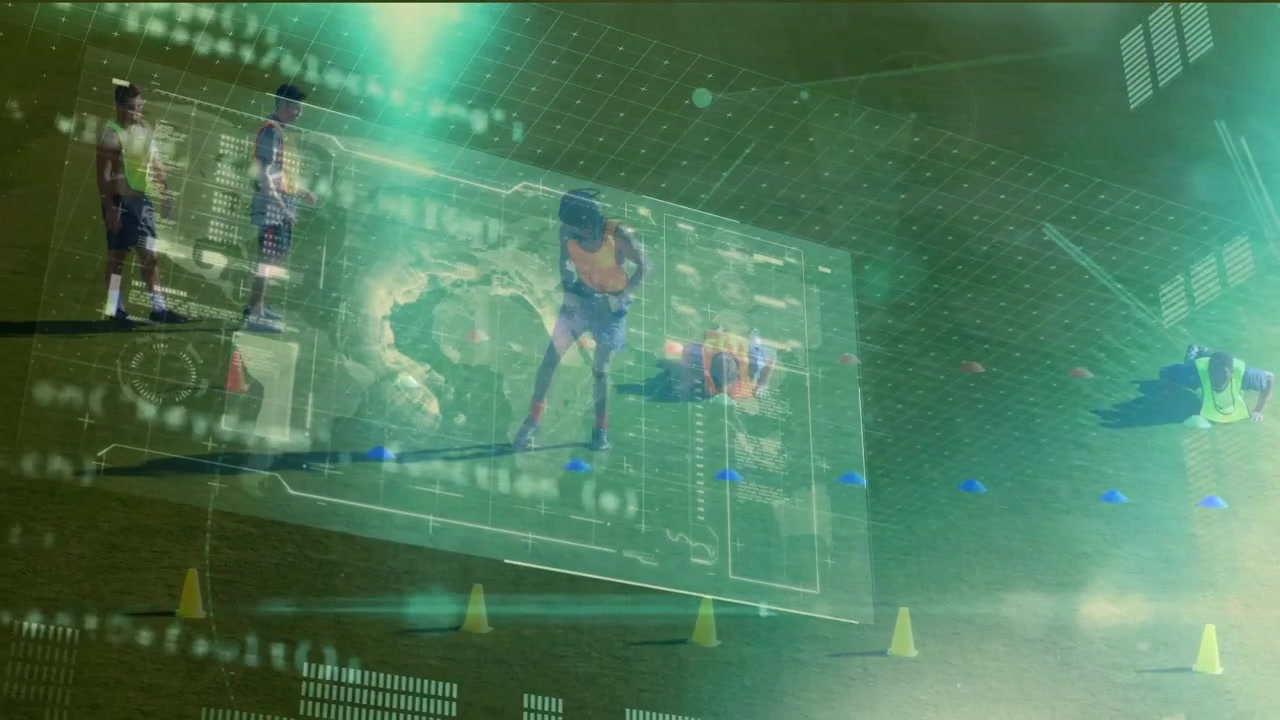 Animation of data processing over diverse male soccer players on sports field