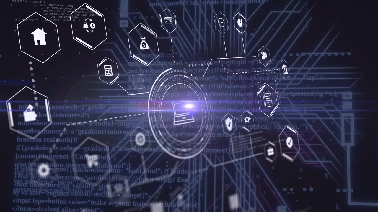 Central HUD pulsing lens flare, hex nodes emerging, orbiting on dotted lines, showing network links