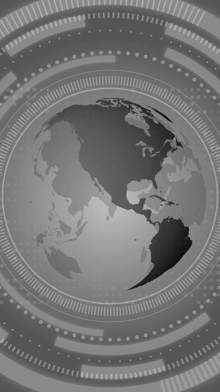 Grey HUD futuristic Earth planet world map hologram. Interactive screen with digital interface. Looped green animation. Vertical video.