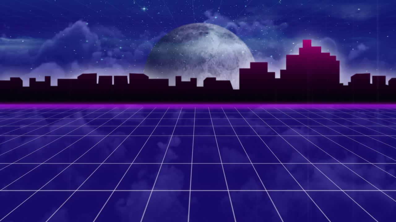 Animation of digital city over moon and dark clouds