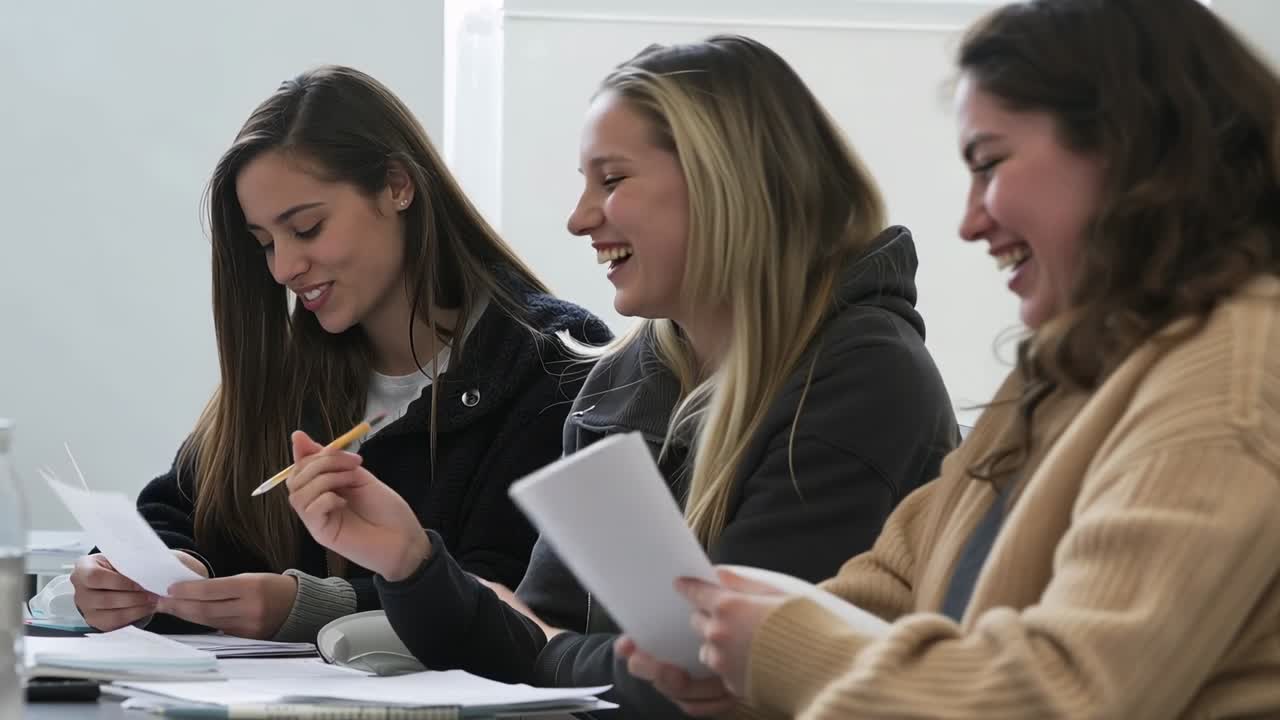 Receiving handouts, three students studying, laughing, pointing and writing in classroom with notes
