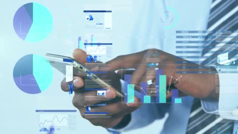 animation of statistical data processing against mid section of businessman using smartphone