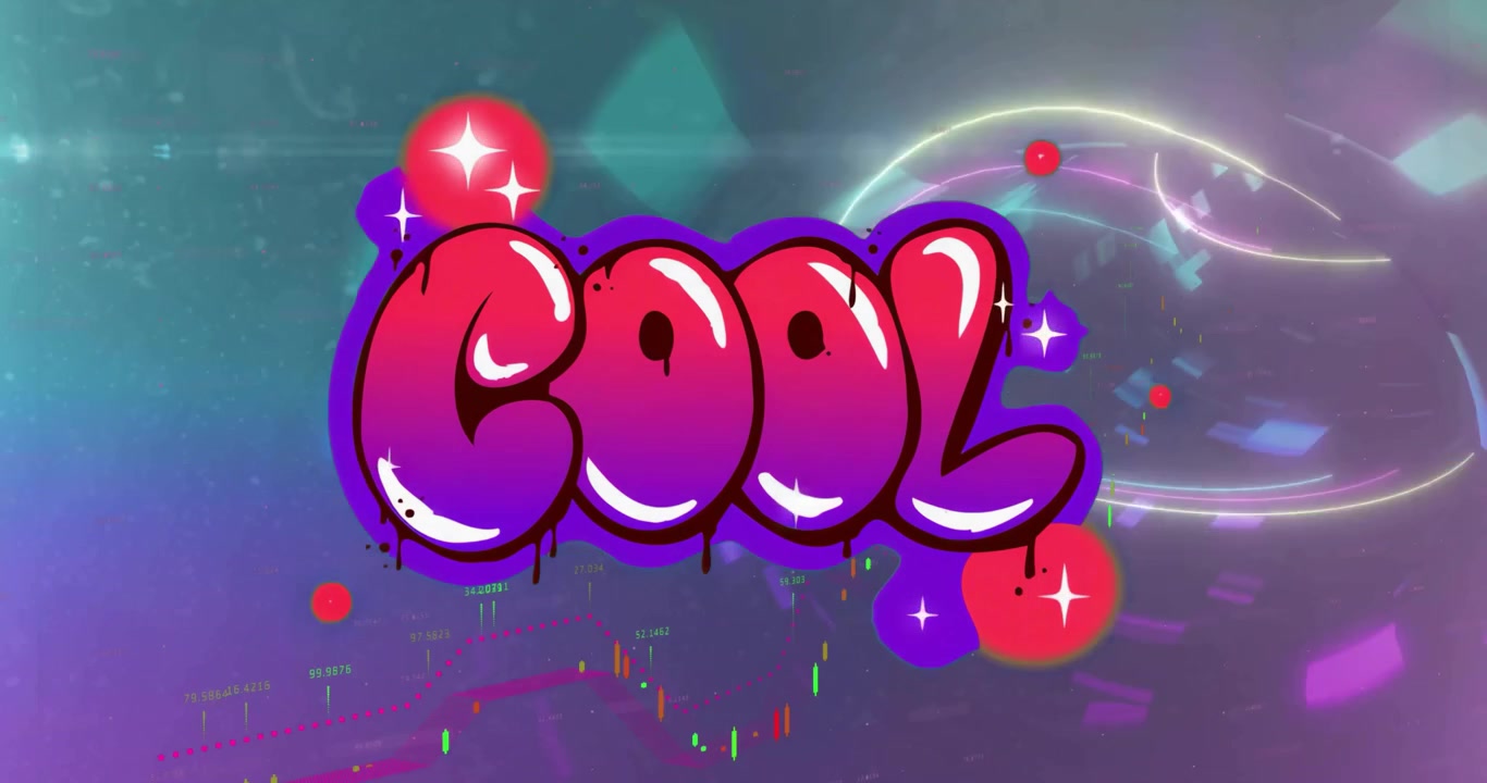 Pulsujące neonowe smugi wirujące wokół graffiti „COOL”, dryfujące kule i migoczące paski dla płynności