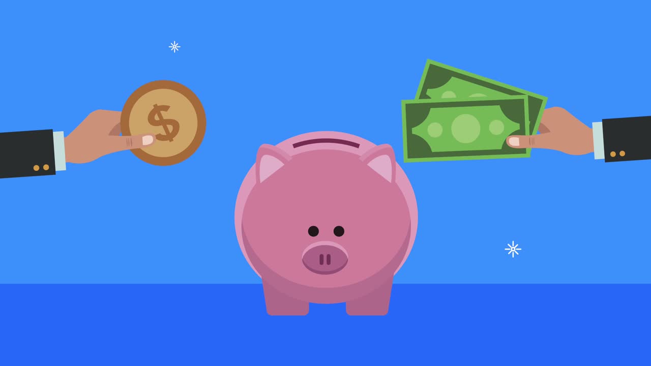 piggy savings with hands lifting bills and coins