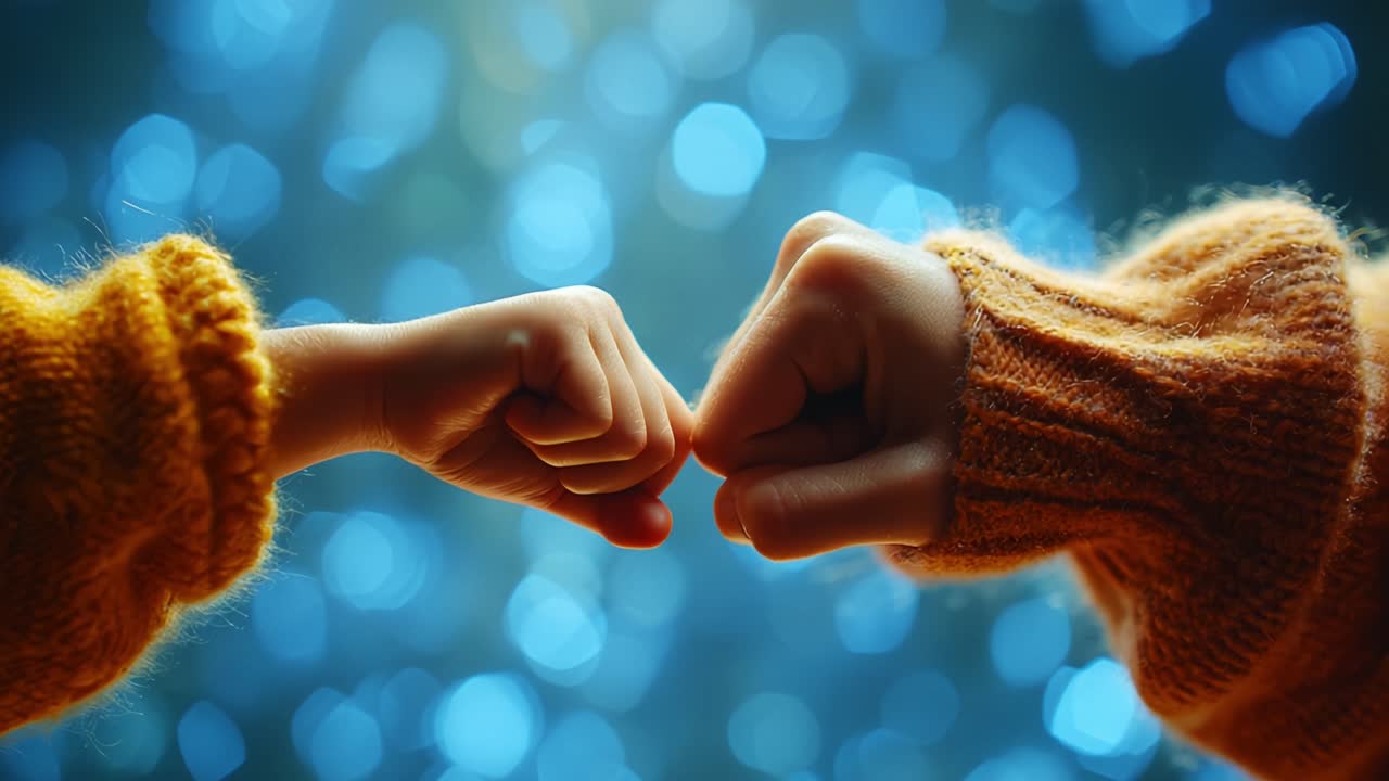 A Heartwarming Exchange of Fist Bumps Between Two Cozy, Sweater-Clad Hands Amidst a Sparkling Background Creating Moments of Connection and Joy