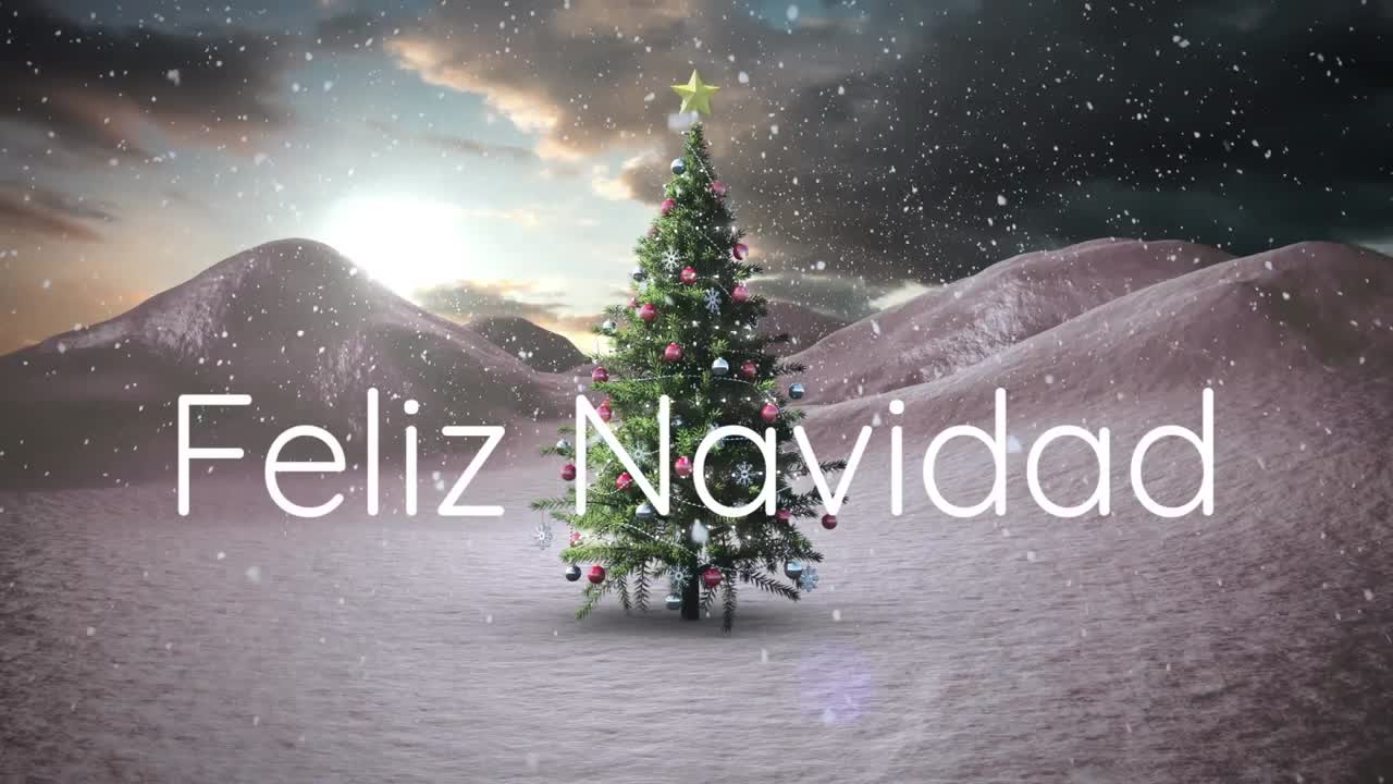 animación de feliz navidad texto sobre árbol de navidad y nieve cayendo en el paisaje de invierno
