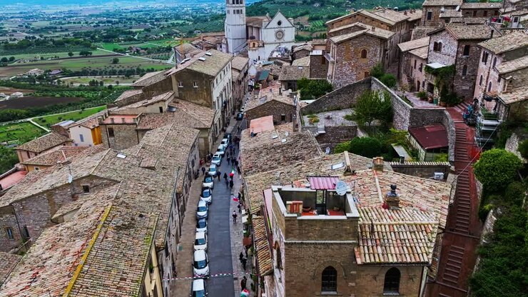 Flying Towards Basilica Of Saint Francis of Assisi In The Umbria Region, Central Italy