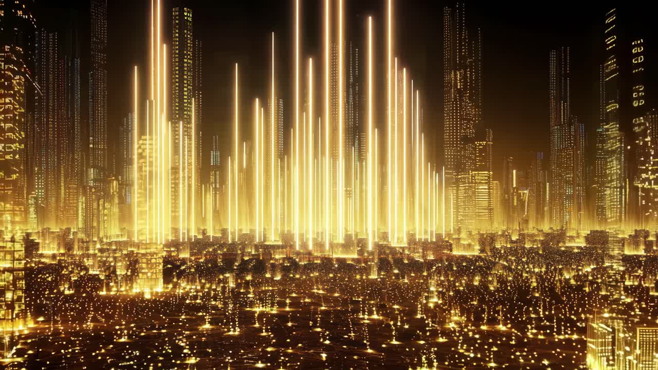 A cityscape with tall buildings lit up in gold. The city appears to be a futuristic metropolis