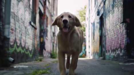 a joyful golden retriever runs through a colorful alleyway, embracing freedom and adventure with pure happiness in every bound