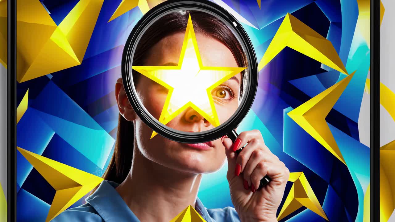 una mujer examinando una estrella a través de una lupa.