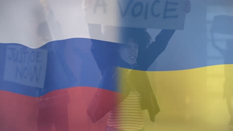 animation of flag of russia over biracial female protester