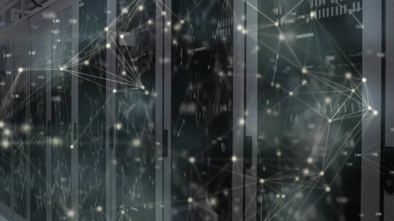 At clip start network overlay emerging over servers pulsing nodes and lines visualizing data flow