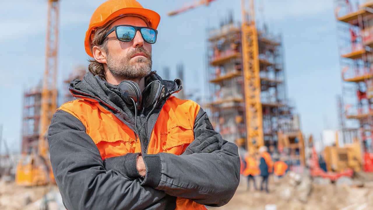 An industrious construction worker stands confidently on-site, clad in a vibrant orange vest and hard hat, overseeing the building progress in a bustling construction zone