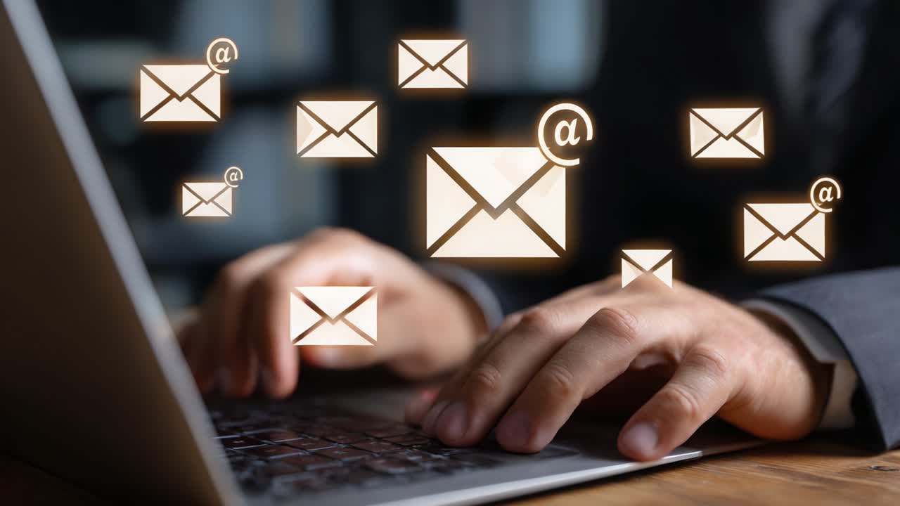 A Seamless Digital Interaction: The Process of Sending and Receiving Emails on a Laptop with Floating Email Icons Representing Communication in the Modern World