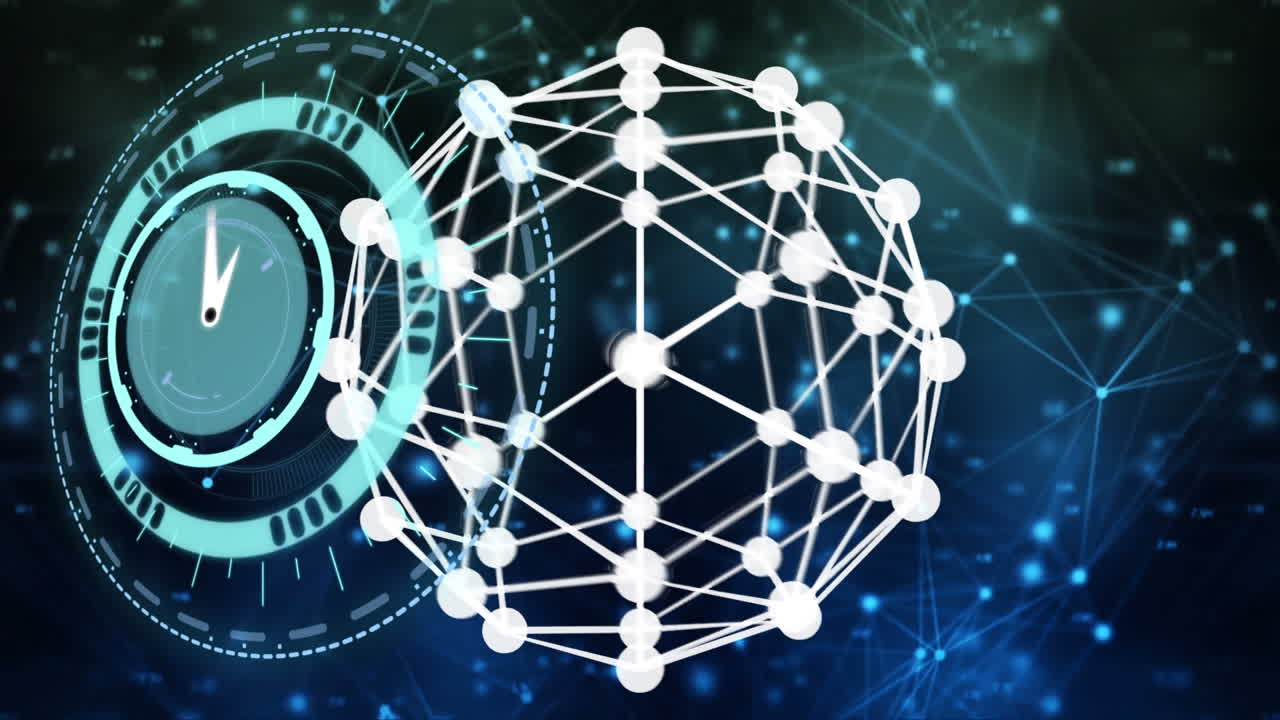 animación de reloj en movimiento y esfera giratoria sobre fondo azul y negro con constelaciones