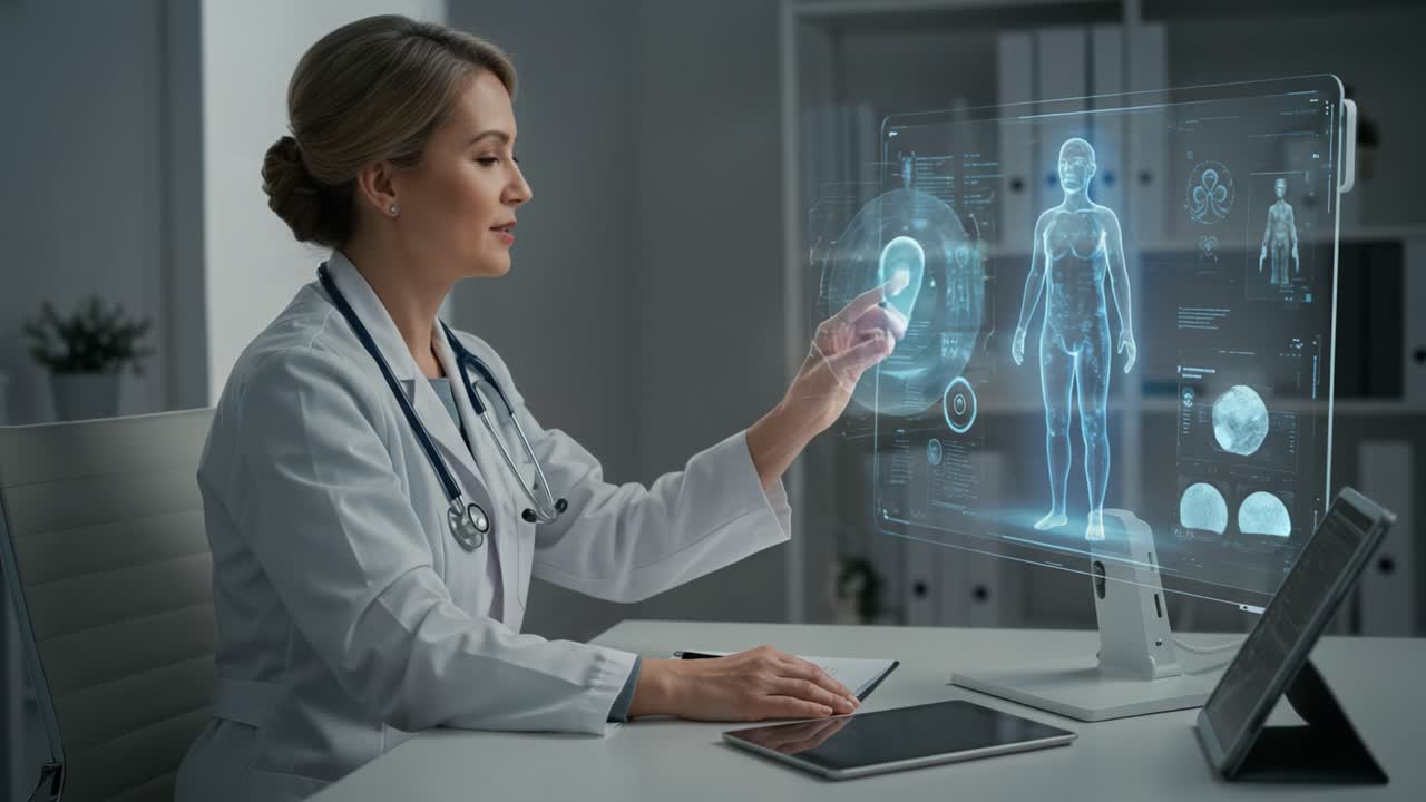 A Medical Professional Analyzing Digital Health Data through Interactive Holographic Technology in a Modern Healthcare Environment