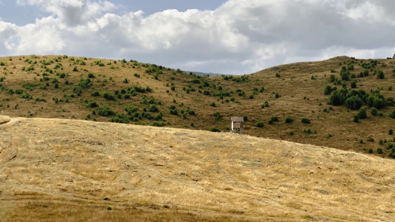 Ampia inquadratura di un piccolo capanno da caccia in legno o torre di osservazione che si erge solitario su vaste colline aride sotto un cielo nuvoloso.