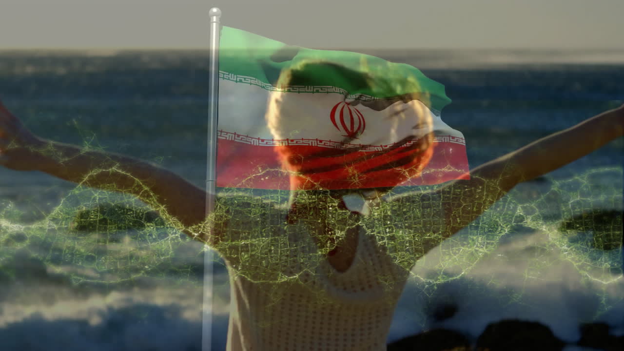Iranian flag overlaying woman with outstretched arms and digital network animation