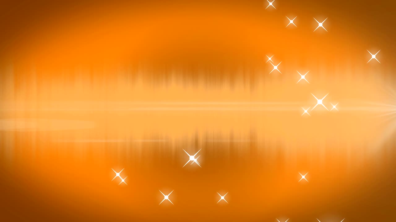 オレンジ色の背景で、催眠的な動きで移動する光る光の点ときらめく星のアニメーション