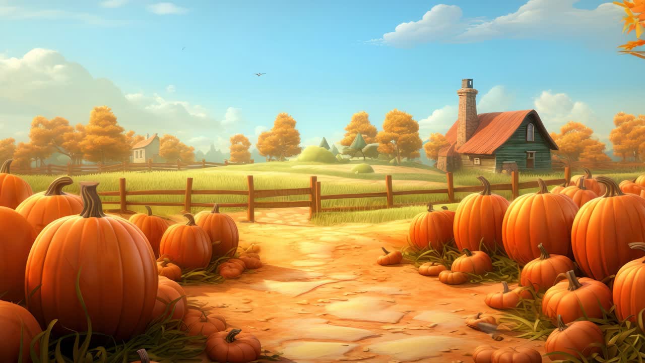 Charming autumn landscape with pumpkins in the foreground, captured from a low angle