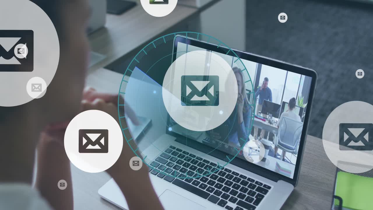 Animation of message icons and scanner over biracial woman having a videocall on laptop at office