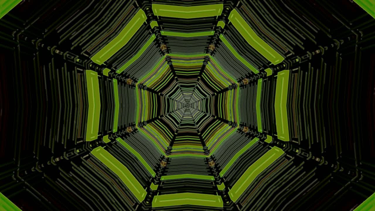 Una scena di un tunnel al neon mostra vivaci motivi verdi e neri in un design a spirale. L'immagine si muove fluidamente per creare uno sfondo dinamico adatto per screensaver o sfondi in risoluzione 4K.