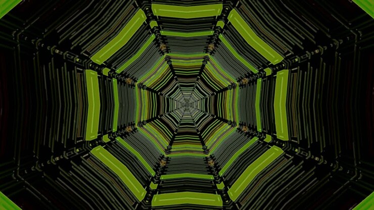 Uma cena de túnel neon exibe padrões vívidos em verde e preto em um design espiral. O visual se move suavemente para criar um fundo dinâmico adequado para protetores de tela ou papéis de parede em resolução 4K