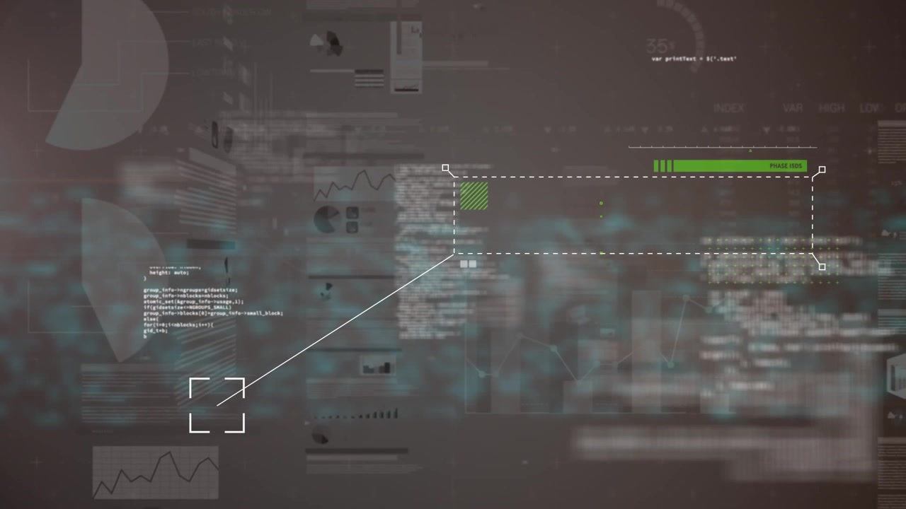 Animation of multiple screens with data processing against grey background