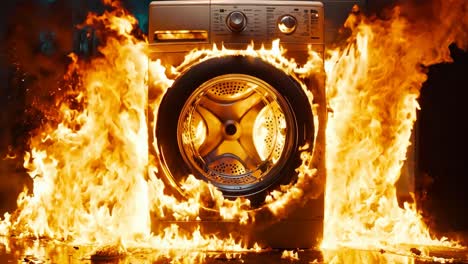 a burning washing machine in the middle of a fire