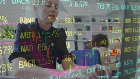 animación del procesamiento de datos del mercado de valores sobre una mujer caucásica usando una computadora portátil en la oficina.