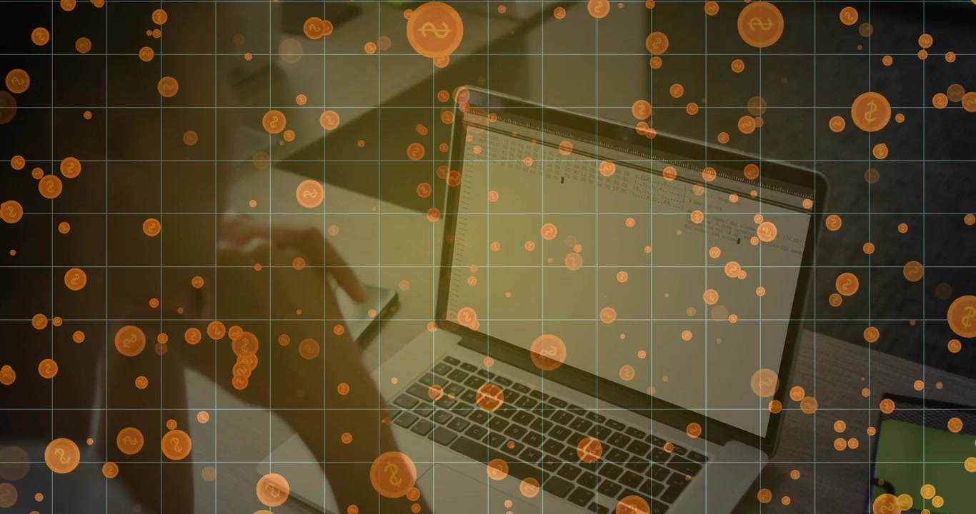 Donna che riflette davanti al laptop alla scrivania, generando particelle arancioni vorticose su una griglia per ispirazione tecnologica.