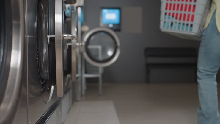 lower view of female worker carrying basket of clothes walking from industrial washer inside laundromat, open door, towels visible, row of machines, routine service, clean facility, smooth operation