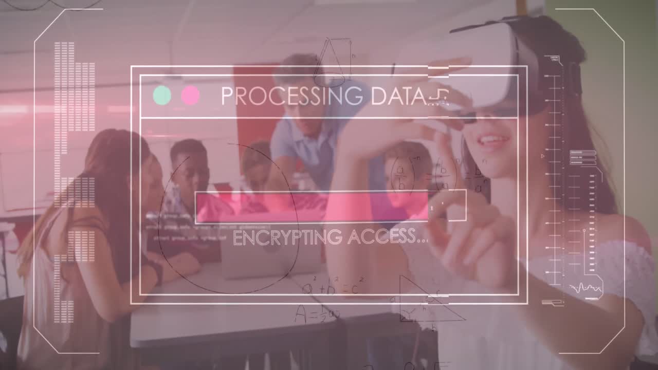 vr 헤드을 가진 백인 소녀와 다양한 학생들의 수업에 대한 데이터 처리 애니메이션