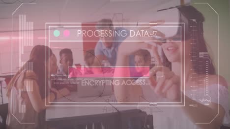 Animation-Der-Datenverarbeitung-über-Einem-Kaukasischen-Mädchen-Mit-VR-Headset-Und-Einer-Klasse-Mit-Verschiedenen-Schülern