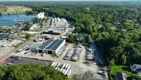 various harbor buildings for sailboat storage, repair, and maintenance