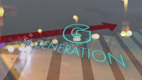 Animation-Von-5G-Text-Der-5.-Generation-über-Einem-Nach-Oben-Zeigenden-Pfeil-Mit-Statistiken-Und-Stadtbild