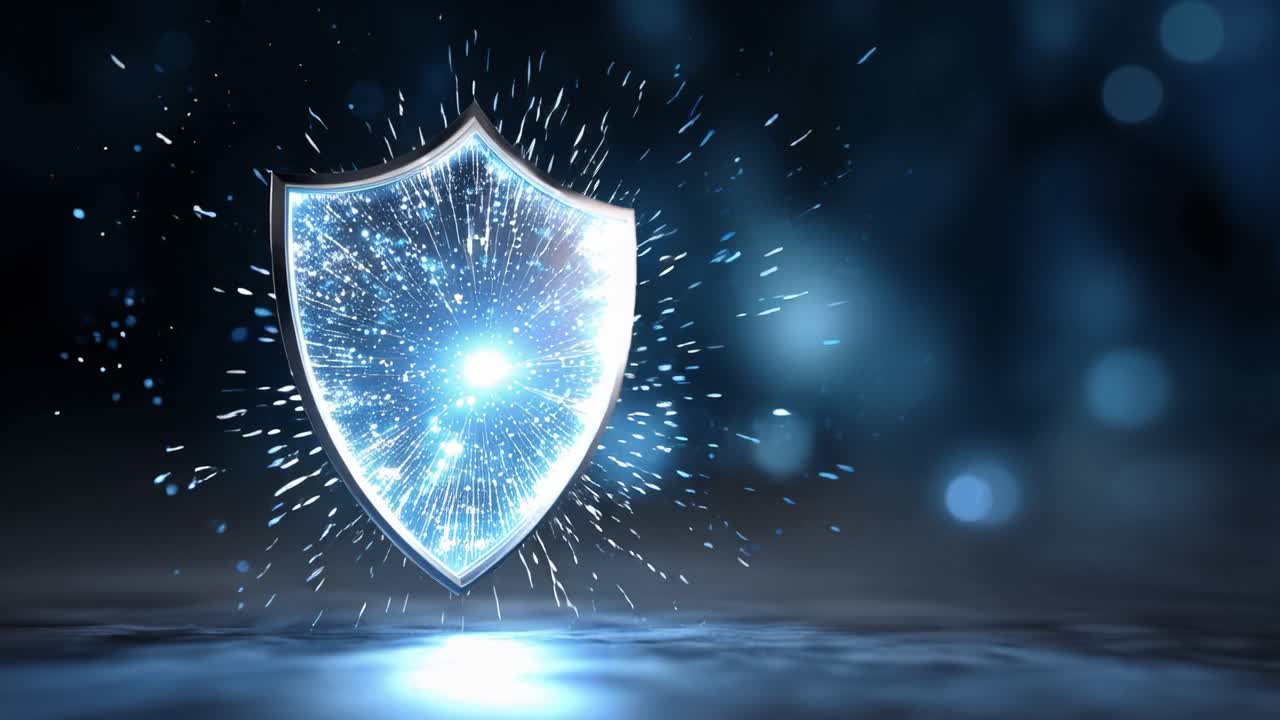 Blue shield pulses with energy against dark background. Sparkles surround the shield, hinting at power and defense. Glowing base supports the shield, suggesting stability