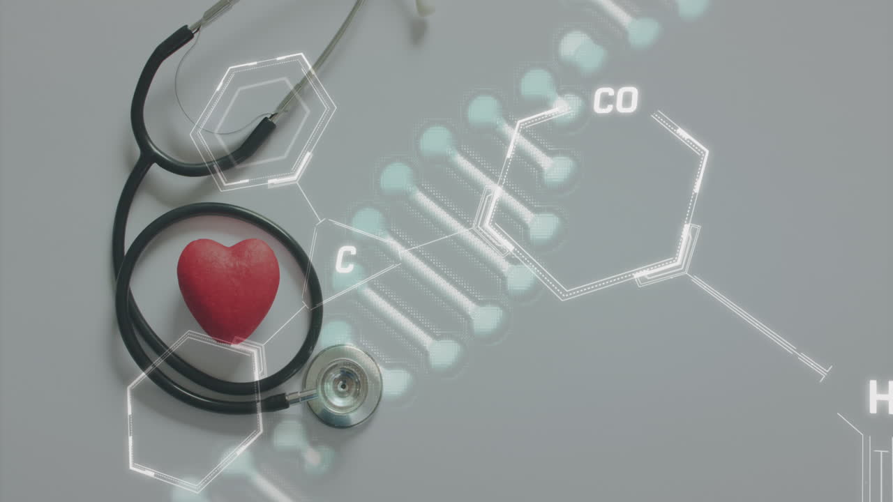 심장과 함께 스테토스코프를 통해 화학 구조와 dna 가닥의 애니메이션