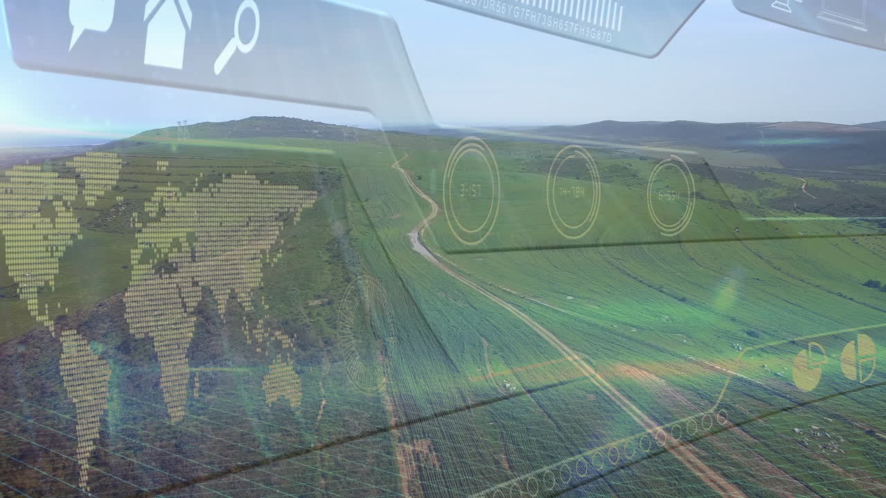 Winding dirt road gliding across green crop fields, showing flat design holographic data overlays